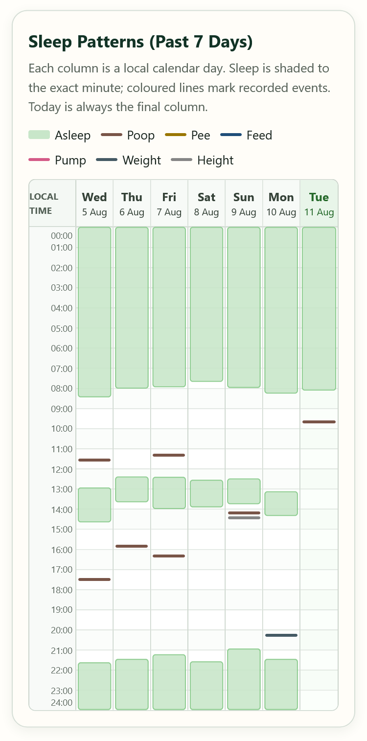 The seven-day sleep pattern timeline, with sleep periods and recorded events arranged by local time