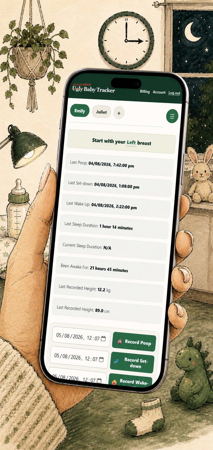 Ugly Baby Tracker dashboard on a phone showing child profiles, recent routine summaries and quick record buttons
