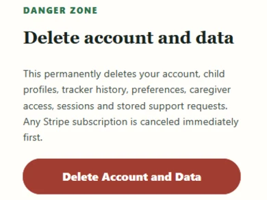 Danger zone explaining permanent account and data deletion with a Delete Account and Data button