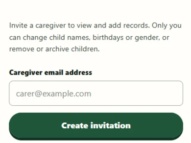 Caregiver invitation form with an email field and Create invitation button