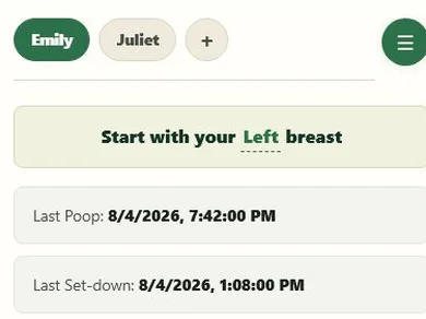 Two child profile tabs above the selected child's latest tracker entries