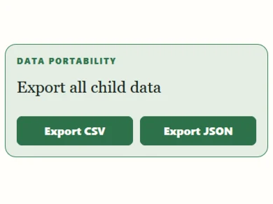 Data portability panel with Export CSV and Export JSON buttons