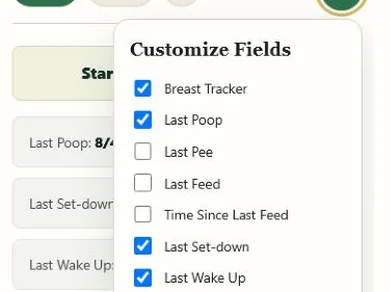 Customize Fields menu with breast, nappy, feed and sleep tracking options
