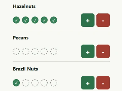 Food introduction tracker showing progress for hazelnuts, pecans and Brazil nuts