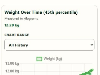 Mobile Weight Over Time chart showing Flynn's measurements and recent growth