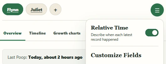 Relative Time switch enabled above the Customize Fields menu, with the latest poop shown in natural language