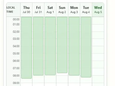 Seven-day sleep calendar with overnight sleep blocks from Thursday through Tuesday