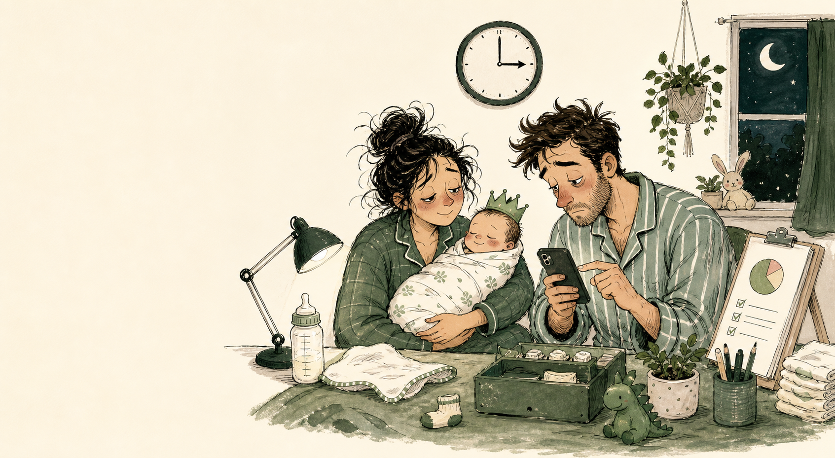 Two tired parents recording their sleeping baby's routine at midnight